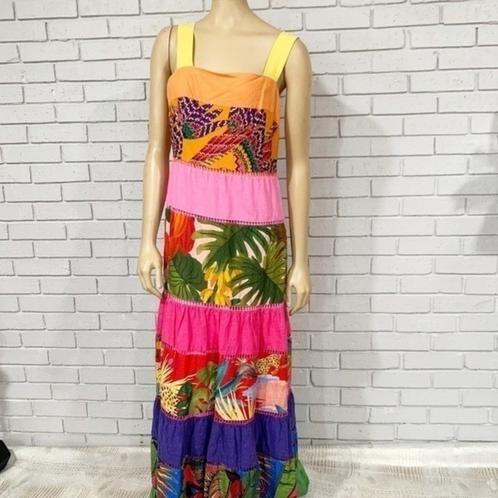Farm Rio Mixed Prints Tiered Maxi Dress Multicolor Sleeveless Boho NWT M